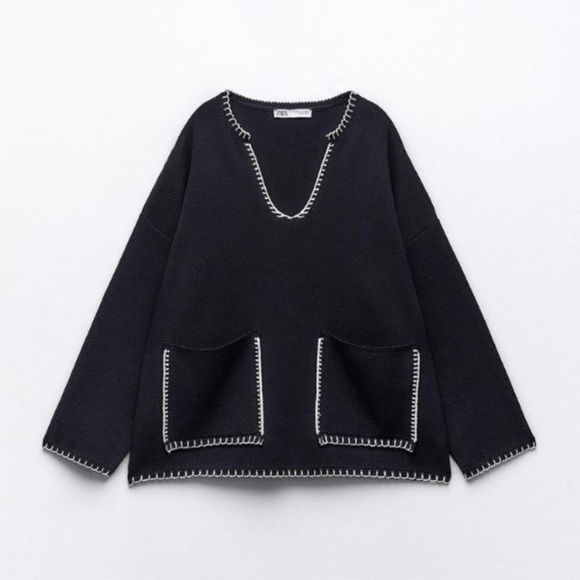 Zara Navy Blue Top Stitched Pocket Sweater - Picture 2 of 2